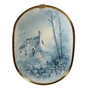 Vintage Canadian Wall Plaque With Cottage & Trees Artwork Brass Frame 10 x 7.5"